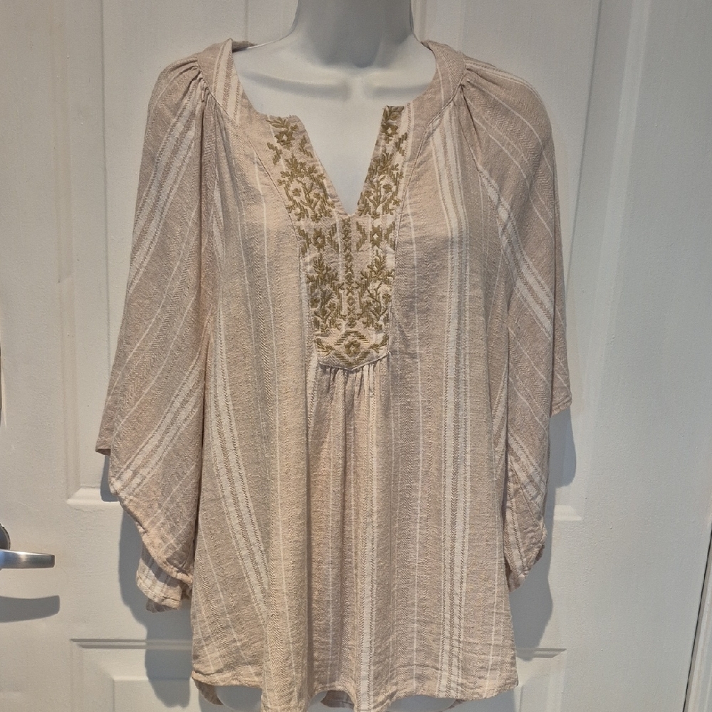 Cupio Beige Linen Blend Striped Tunic with Embroidery. Sz L